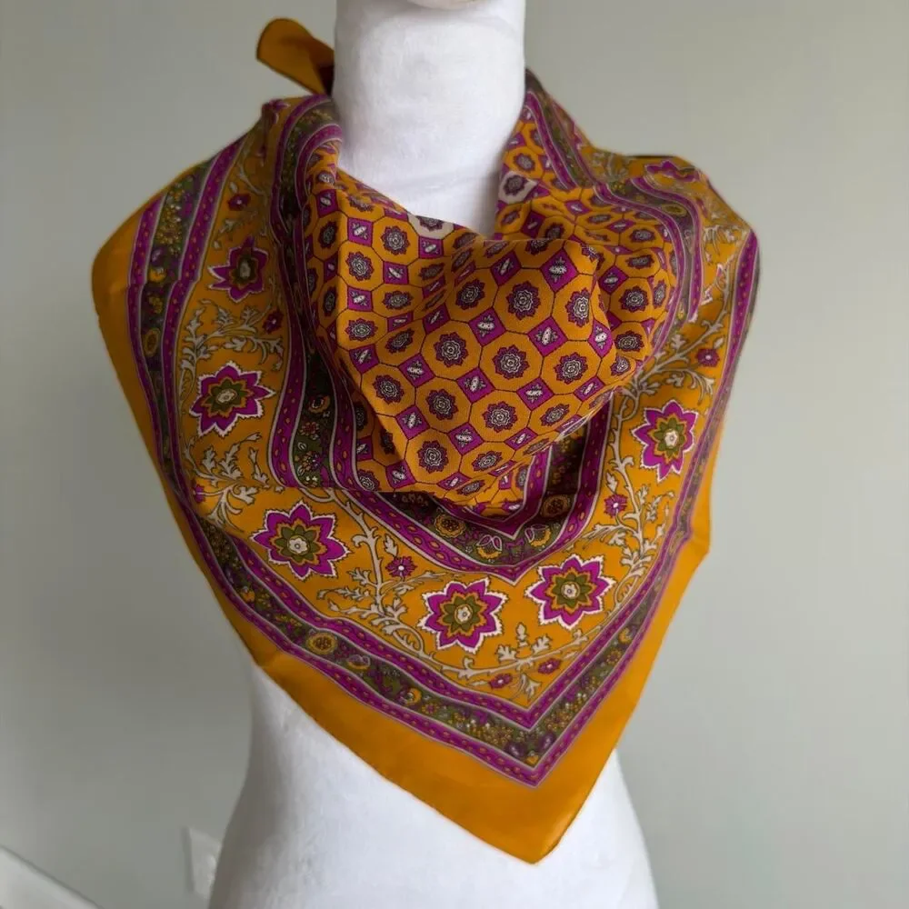 Vintage Italian Silky Scarf Orange & Purple Geometric Print 70's Old Money Twee
